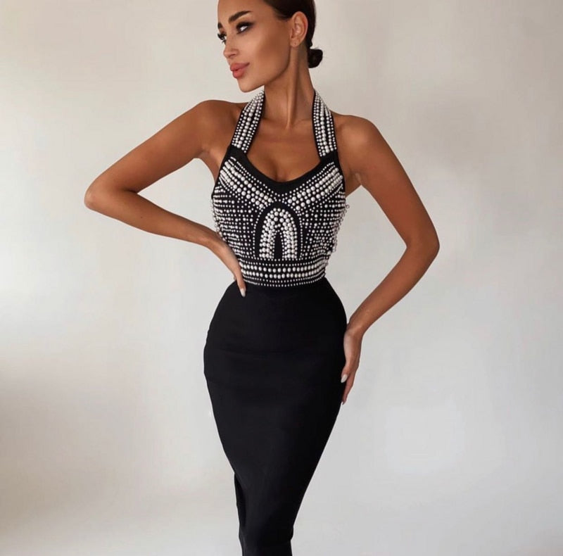 Olveta | Elegantes Bodycon-Kleid mit Perlenverzierung – V-Ausschnitt und Sexy Passform