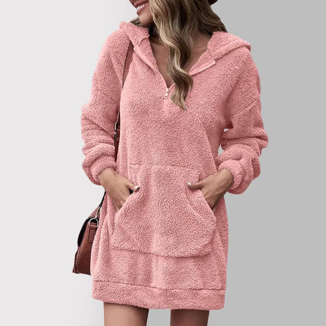 Fazetta | Damen Zip-Up Hoodie Sherpa Fuzzy Fleece Kleid