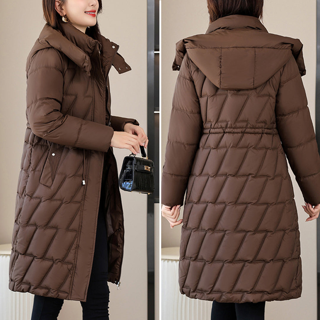 Cosima | Damen Lange Kapuzen-Steppjacke mit Reißverschluss und Taillenzug für den Winter