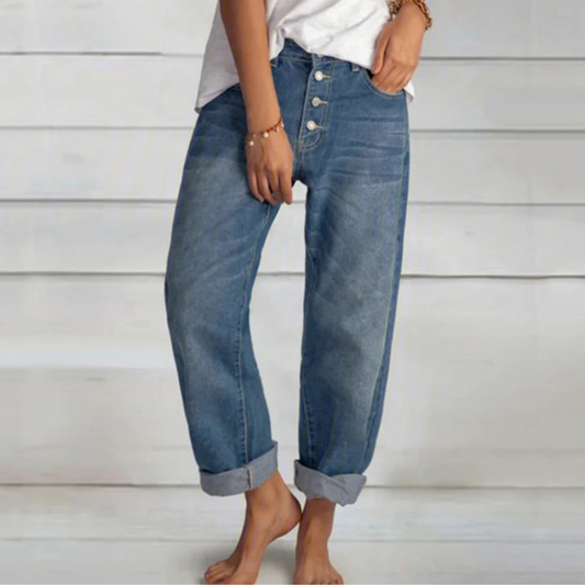 Tindra | Damen High Waist Vintage Jeans mit Knopfleiste – Eleganter Retro-Style & Perfekte Passform