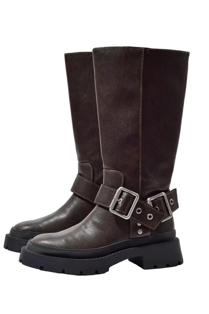 Damen Hohe Flache Stiefel | Urbaner Retro-Look mit stabiler Sohle