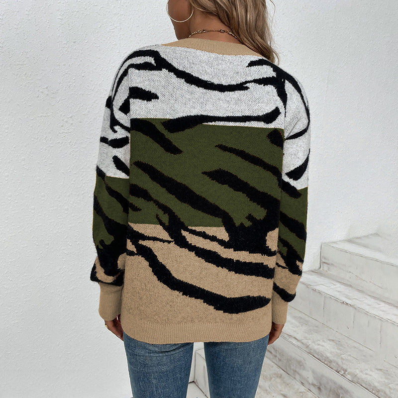 Krimana | Damen Rundhals-Tigerstreifen-Strickpullover