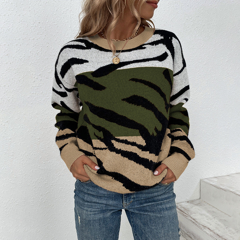 Krimana | Damen Rundhals-Tigerstreifen-Strickpullover