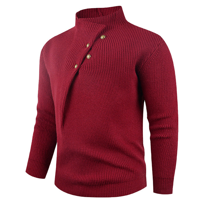 Herren Strickpullover mit asymmetrischem Kragen & Holzknöpfen | Stylischer Baumwollpullover