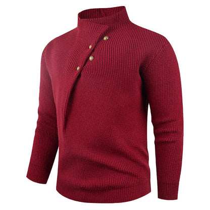 Herren Strickpullover mit asymmetrischem Kragen & Holzknöpfen | Stylischer Baumwollpullover