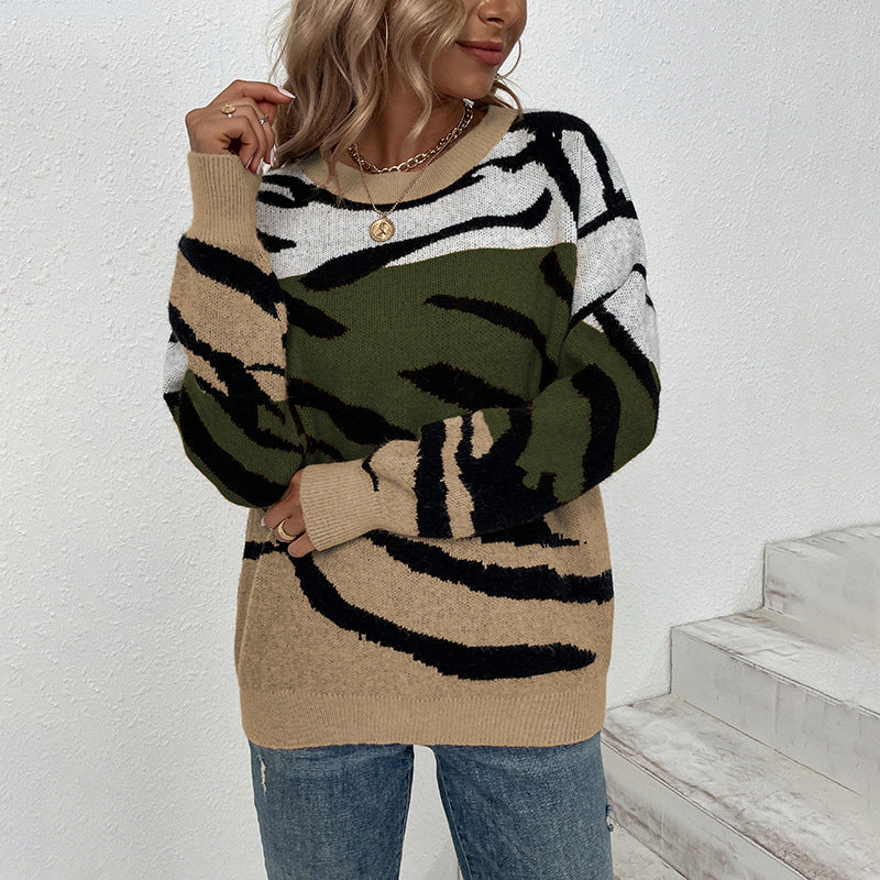 Krimana | Damen Rundhals-Tigerstreifen-Strickpullover