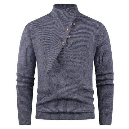 Herren Strickpullover mit asymmetrischem Kragen & Holzknöpfen | Stylischer Baumwollpullover