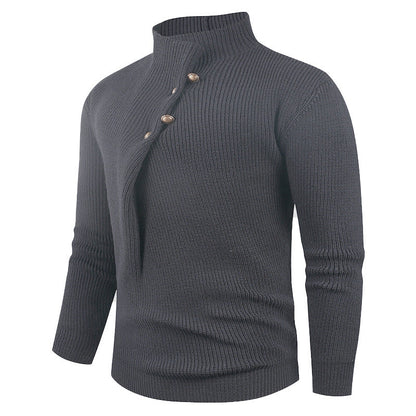 Herren Strickpullover mit asymmetrischem Kragen & Holzknöpfen | Stylischer Baumwollpullover