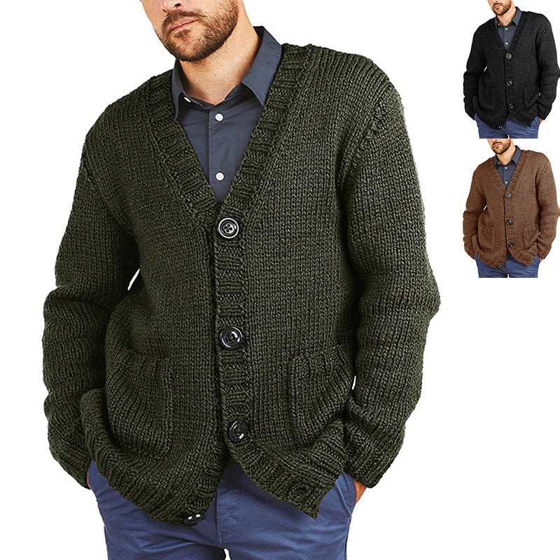 Chunky Knit Cardigan Herren | Grobstrickjacke mit klassischem V-Ausschnitt & praktischen Taschen