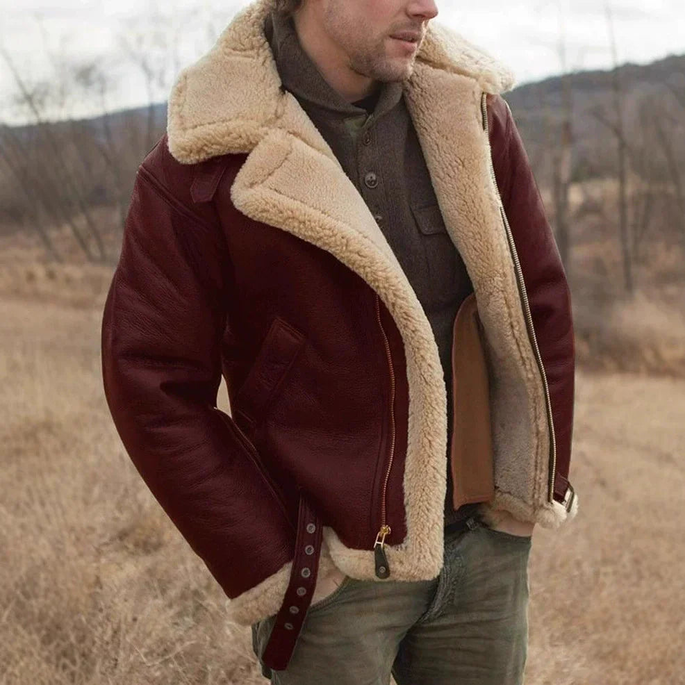 Aramis | Herren Aviator Jacke im Leder-Look mit Shearling-Kragen & Reißverschluss