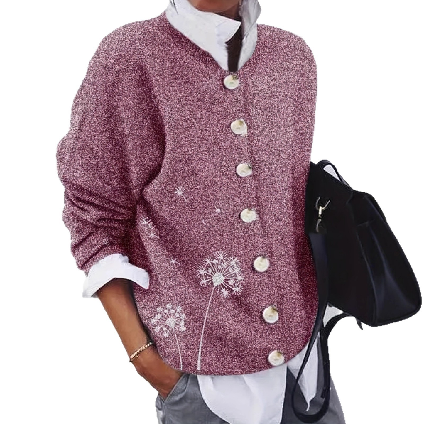 Strickjacke mit Löwenzahn-Print | Damen Cardigan mit Knopfleiste, charmant & vielseitig