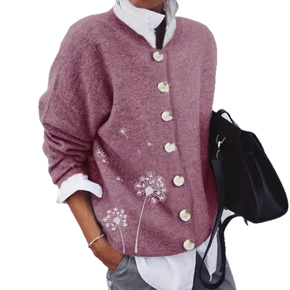 Strickjacke mit Löwenzahn-Print | Damen Cardigan mit Knopfleiste, charmant & vielseitig