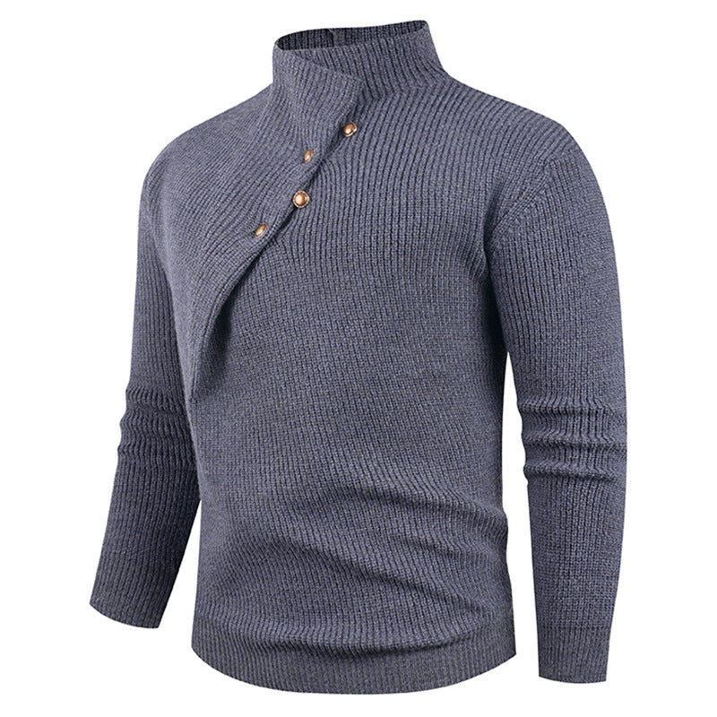 Herren Strickpullover mit asymmetrischem Kragen & Holzknöpfen | Stylischer Baumwollpullover