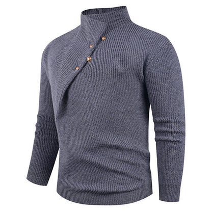 Herren Strickpullover mit asymmetrischem Kragen & Holzknöpfen | Stylischer Baumwollpullover