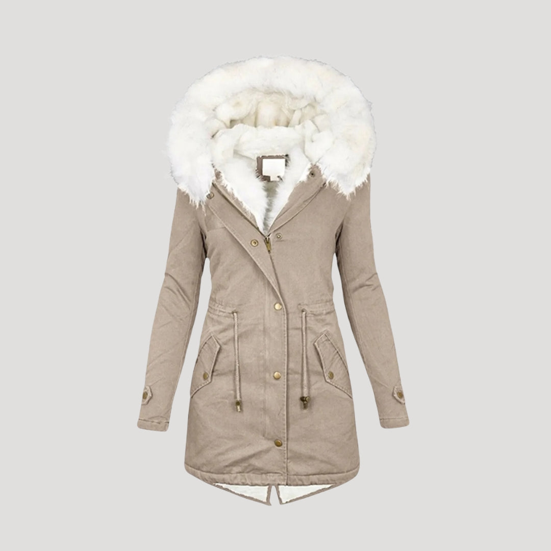 Karolin | Damen Winter Parka mit Kunstfellkapuze & Taillengürtel | Warmer, eleganter Mantel für kalte Tage