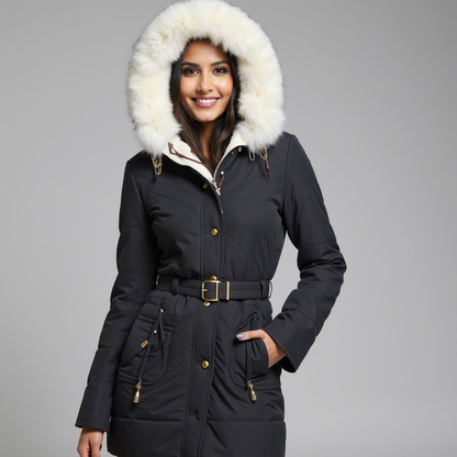 Karolin | Damen Winter Parka mit Kunstfellkapuze & Taillengürtel | Warmer, eleganter Mantel für kalte Tage