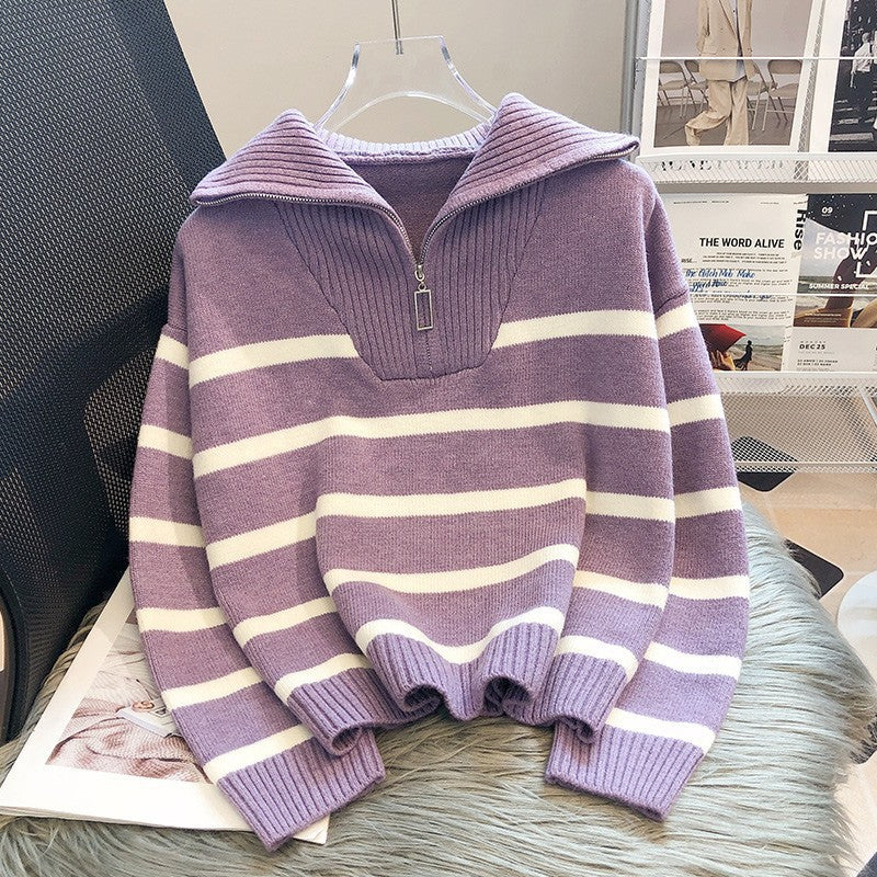 Viela | Gestreifter Strickpullover mit Reißverschluss