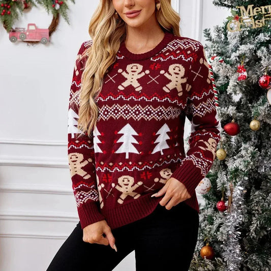 Elmette | Damen Bordeaux Rundhals-Strickpullover mit Weihnachtlichen Details – Warm und Stilvoll für den Winter