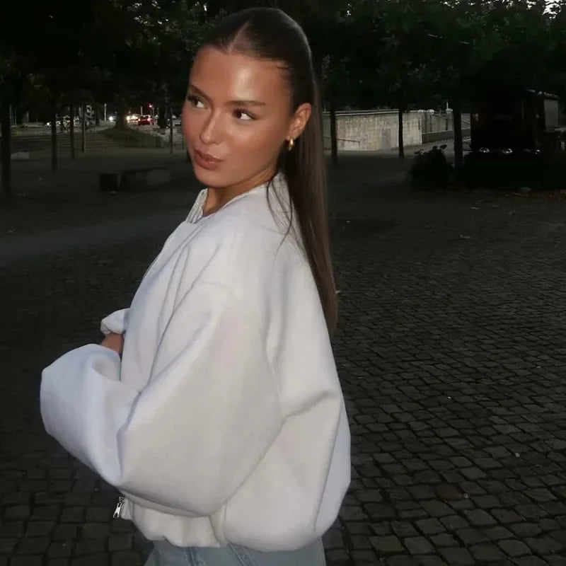 Leonie | Damen kurze Bomberjacke mit langen Ärmeln & durchgehendem Reißverschluss