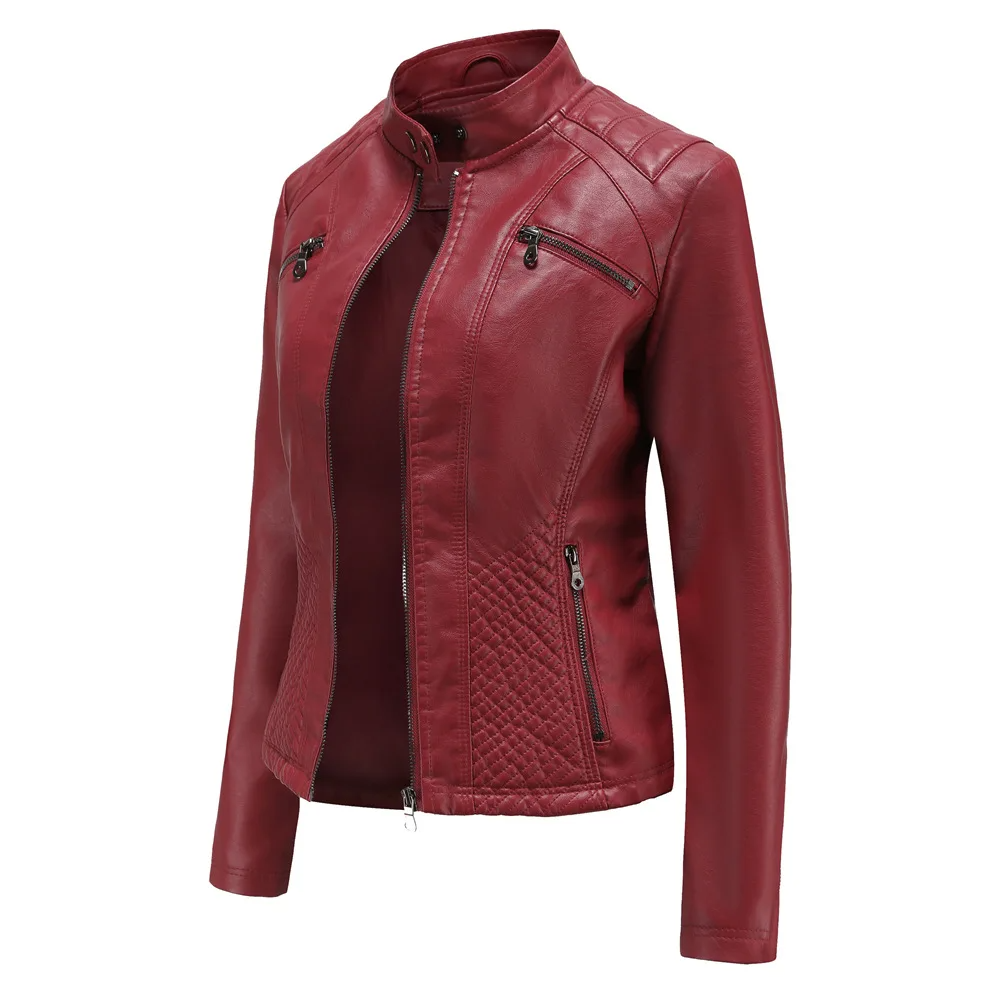 Elena| Damen Slim Fit Lederjacke, Full Zip mit Stehkragen