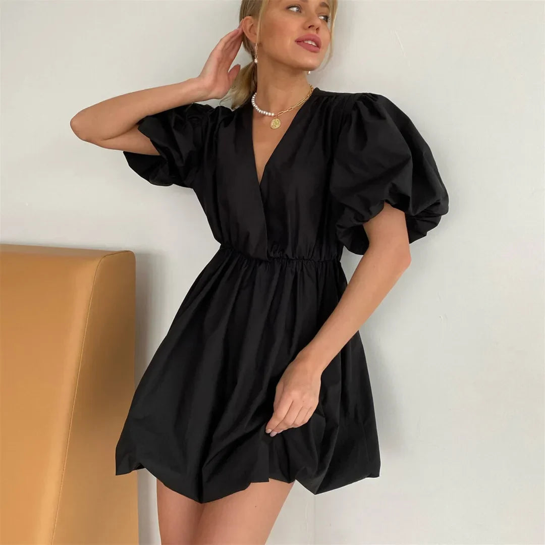 Celia | Kleid mit Puffärmeln und V-Ausschnitt für Damen