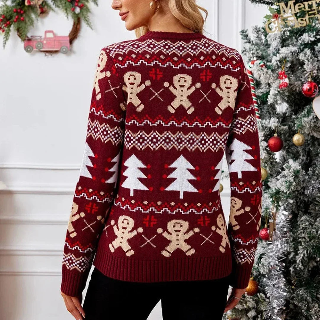 Elmette | Damen Bordeaux Rundhals-Strickpullover mit Weihnachtlichen Details – Warm und Stilvoll für den Winter