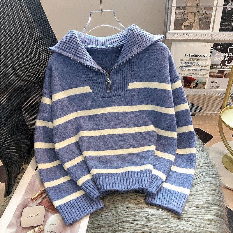 Viela | Gestreifter Strickpullover mit Reißverschluss