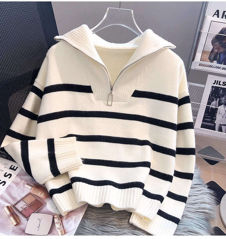 Viela | Gestreifter Strickpullover mit Reißverschluss