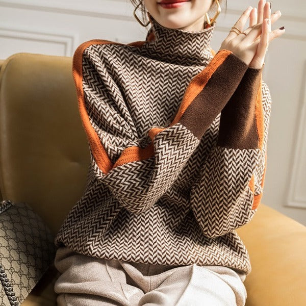 Bella | Damen Turtleneck Strickpullover mit Colorblock-Design und Chevron-Kontrastdetails