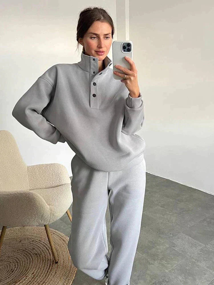 Tabea | Damen Oversized Fleece Sweatshirt-Set mit Halber Knopfleiste und Jogginghosen – Bequem und Stilvoll