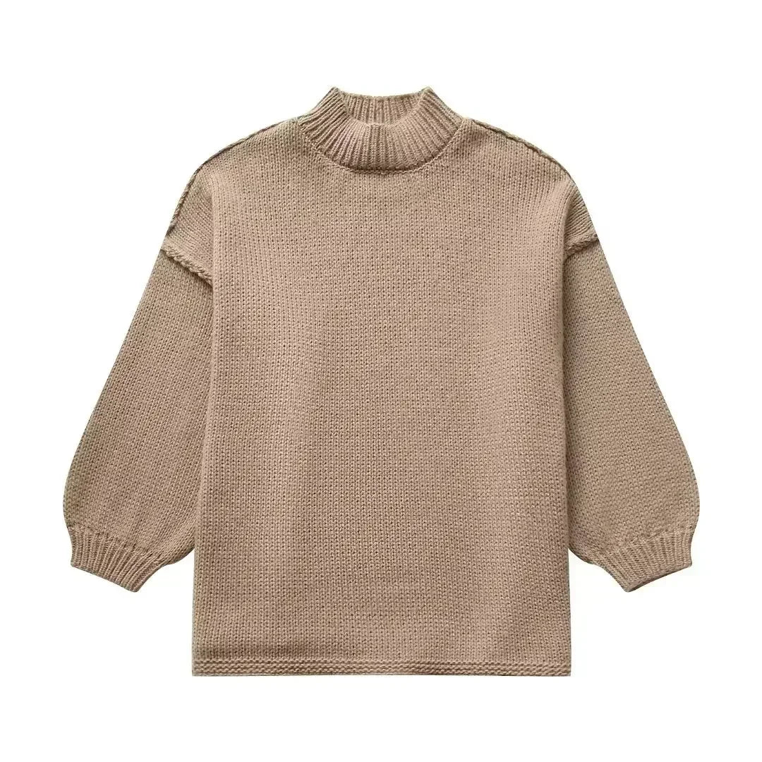 Luisa-Marie | Damen Premium-Strickpullover mit Laternenärmeln und hohem Kragen – Bequem und stilvoll