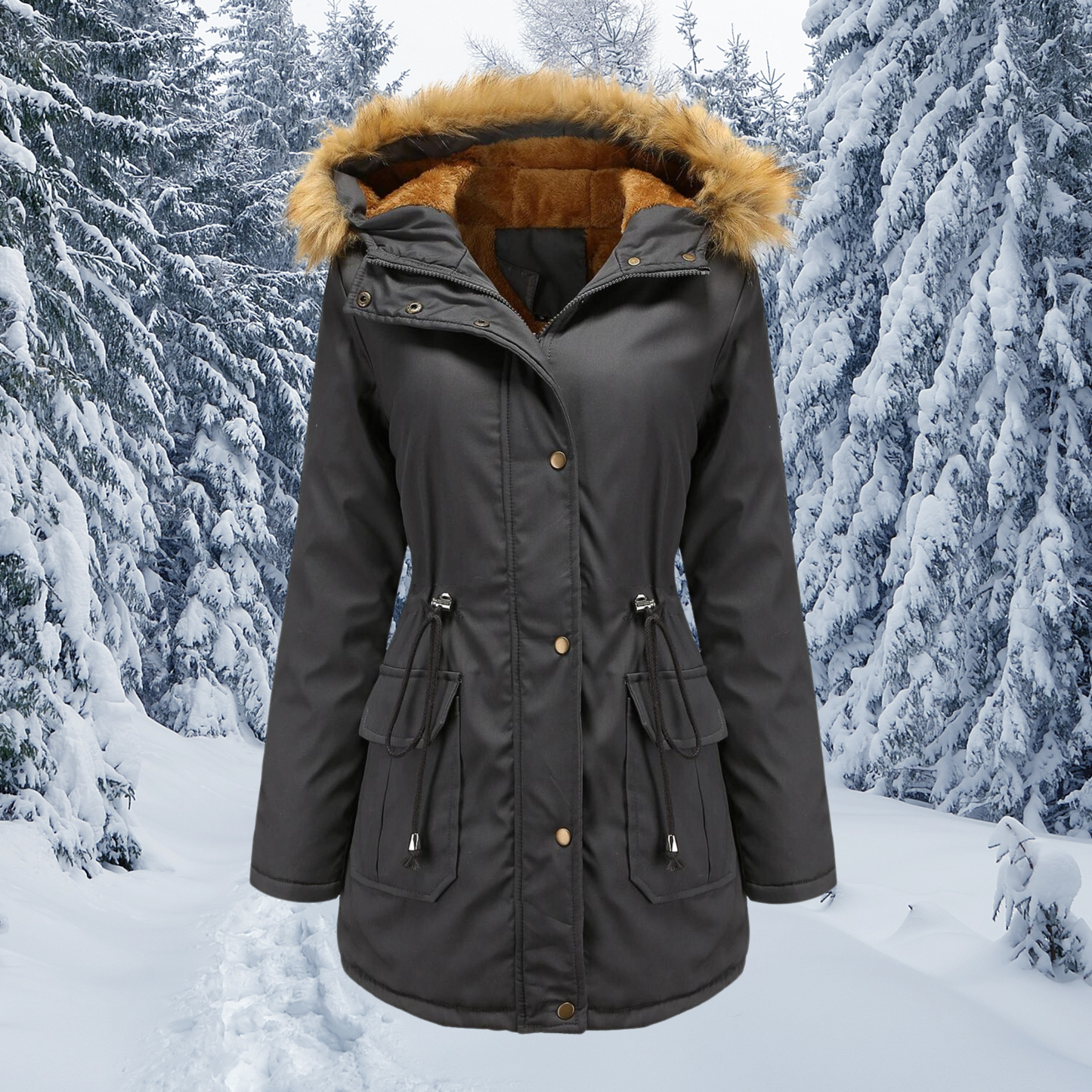 Ruthy | Damen Winterjacke mit Fellkapuze – Fleece-Futter, Slim Fit & Große Taschen