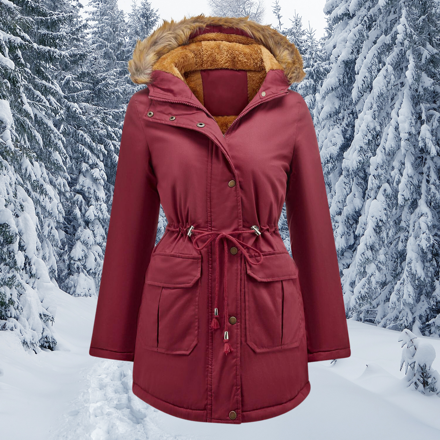 Ruthy | Damen Winterjacke mit Fellkapuze – Fleece-Futter, Slim Fit & Große Taschen