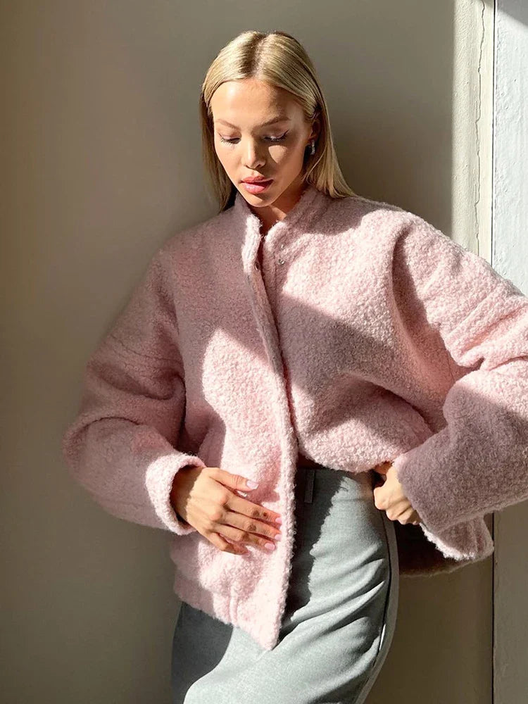 Misere | Lässige Rosa Pelzjacke mit Stehkragen für Damen