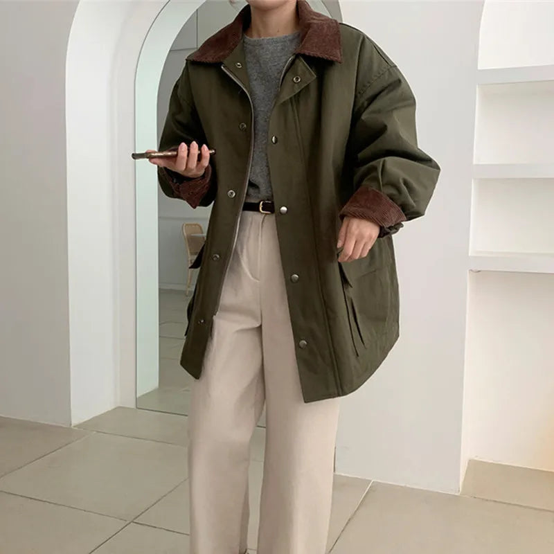 Berna | Damen Vintage Jacke mit umgelegtem Kragen, Knopfverschluss und großen Taschen