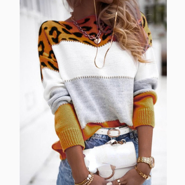 Ronira | Knitted Colorblock Pullover mit Leopardenmuster