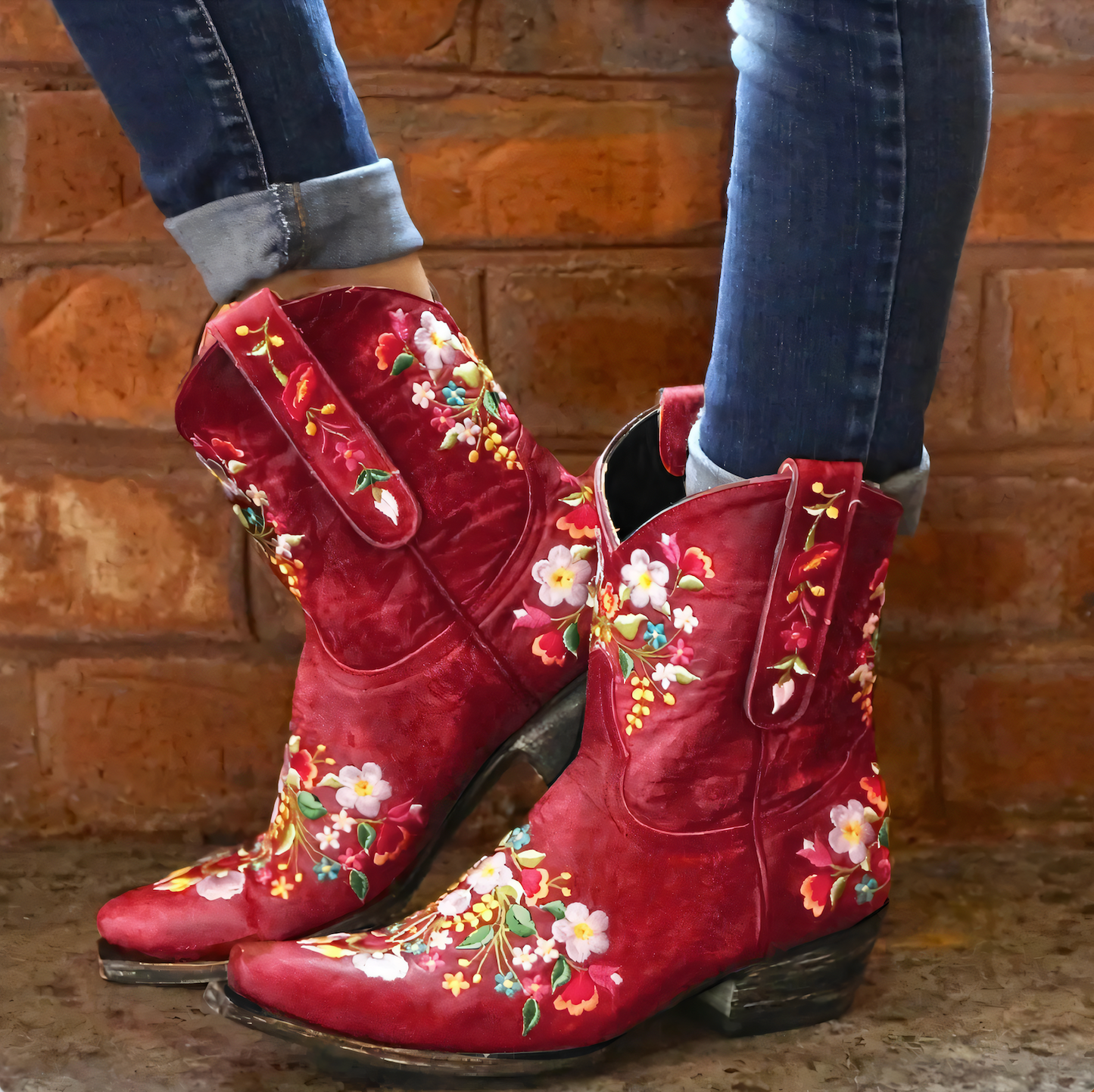 Sheila | Damen Cowboy Boots mit Blumenmuster & Blockabsatz – Vintage Western Look