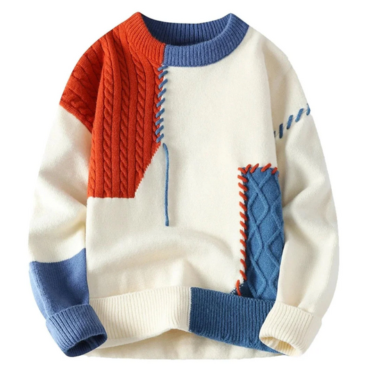 Reuben | Herren Patchwork Strickpullover mit Stickdetails