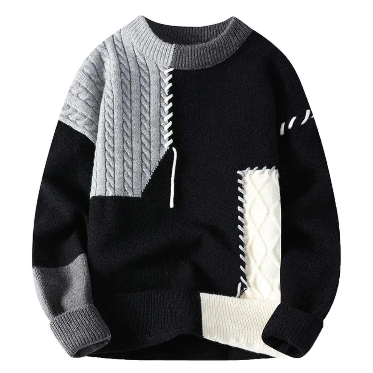 Reuben | Herren Patchwork Strickpullover mit Stickdetails