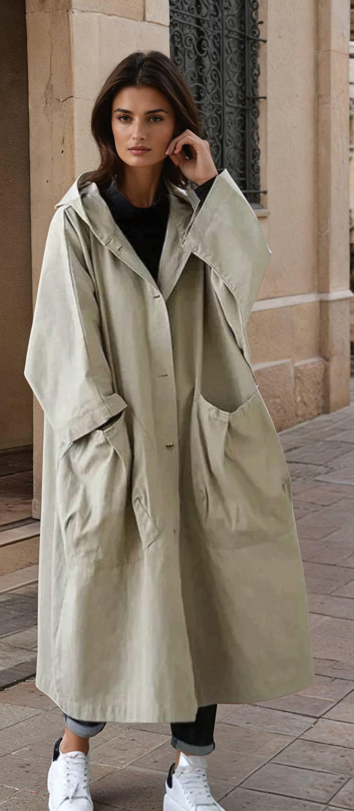 Esméla | Damen Trenchcoat mit Kapuze, Knöpfen und großen Taschen