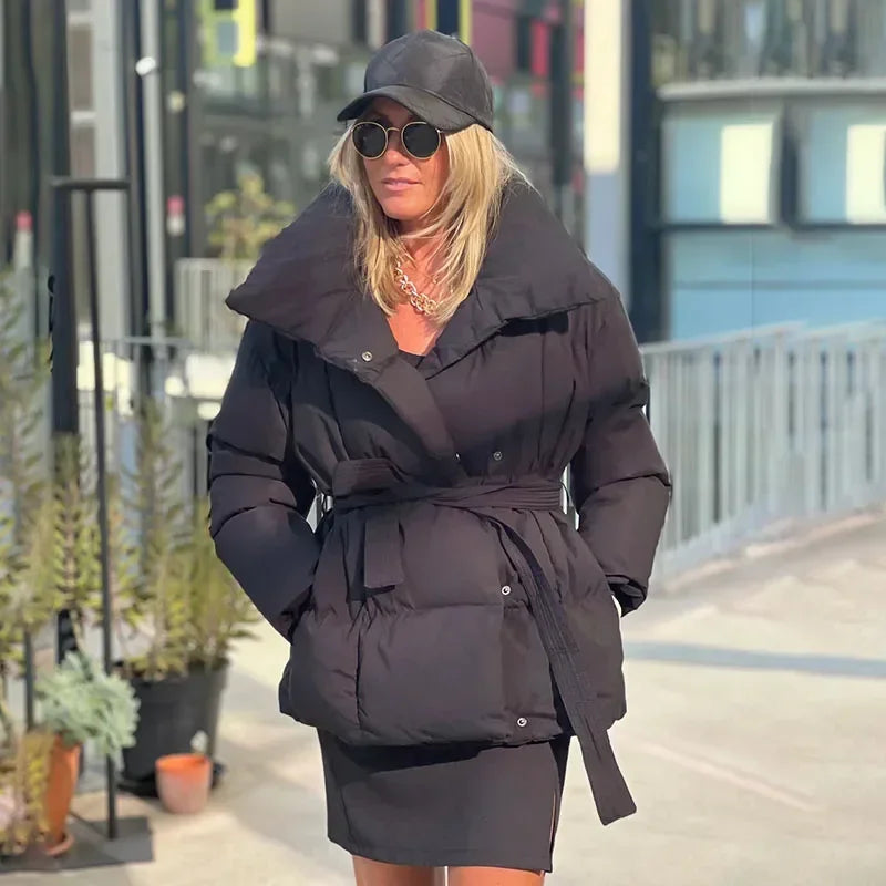 Tabithana | Damen Steppjacke mit Voluminösem Kragen und Taillengürtel