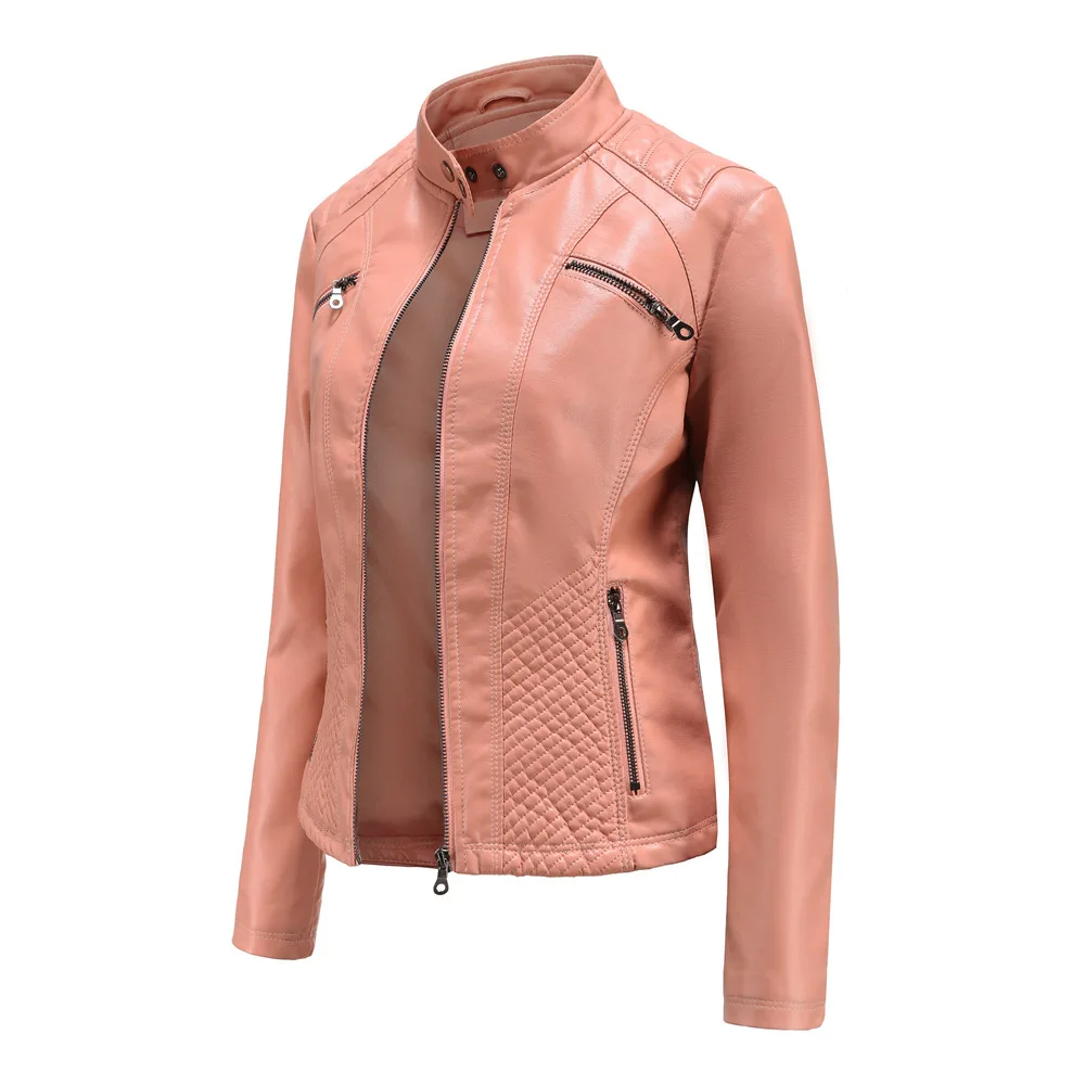 Elena| Damen Slim Fit Lederjacke, Full Zip mit Stehkragen