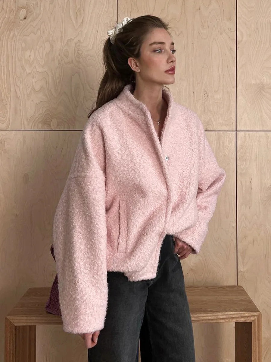 Misere | Lässige Rosa Pelzjacke mit Stehkragen für Damen