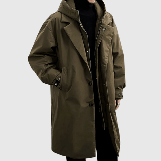 Friedrich | Herren Longcoat mit Kapuze – Stilvoller, Knopfverschluss, Lockerer Sitz