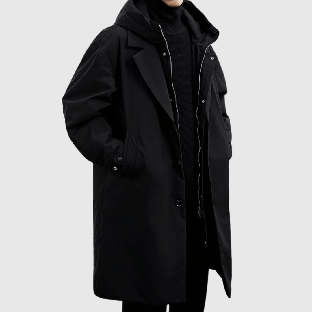 Friedrich | Herren Longcoat mit Kapuze – Stilvoller, Knopfverschluss, Lockerer Sitz