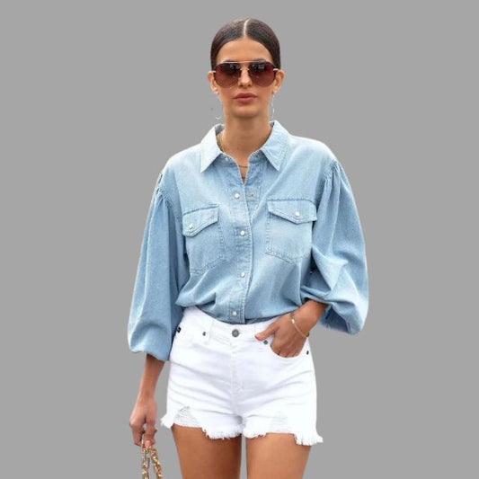 Celin | Denim Blouse mit Relaxter Passform und Oversized Taschen