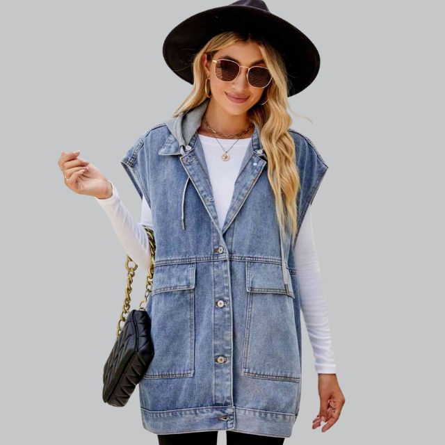 Avi | Denim Weste mit Kapuze und Used-Look