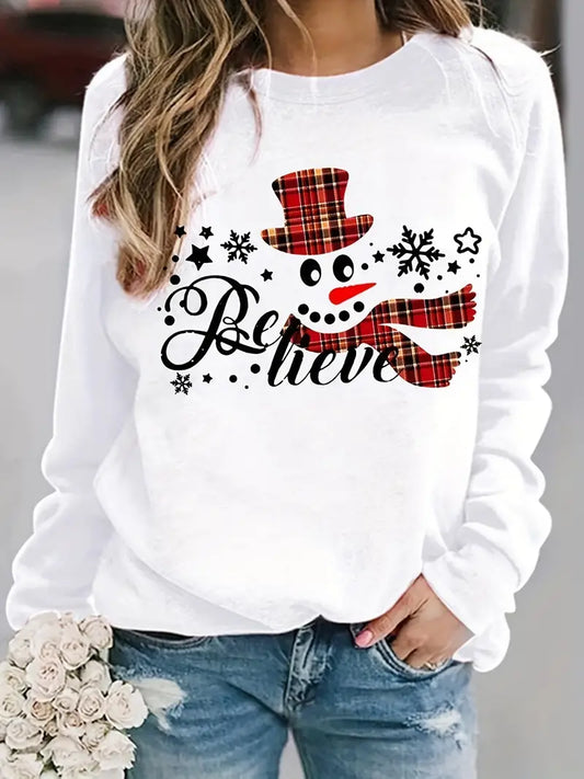 Thordis | Damen Sweatshirt mit Schneemann-Print und Rundhalsausschnitt