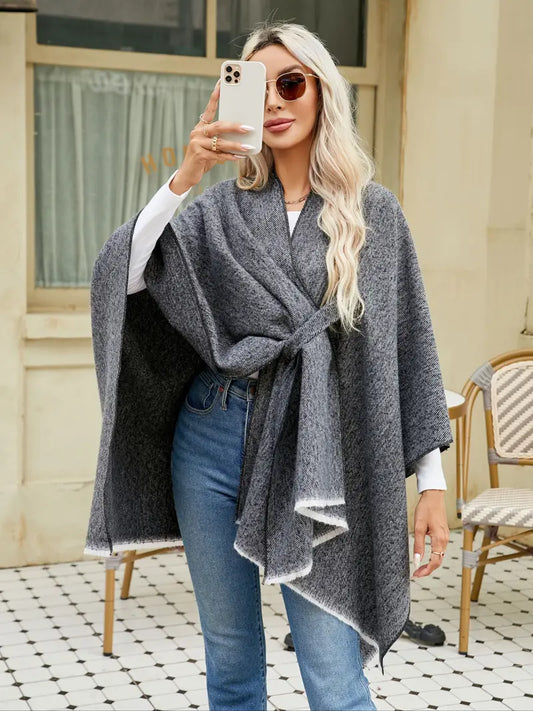 Inga | Women’s Asymmetrical Drape Shawl – Oversized Wickelcape mit Bindegürtel für Herbst & Winter