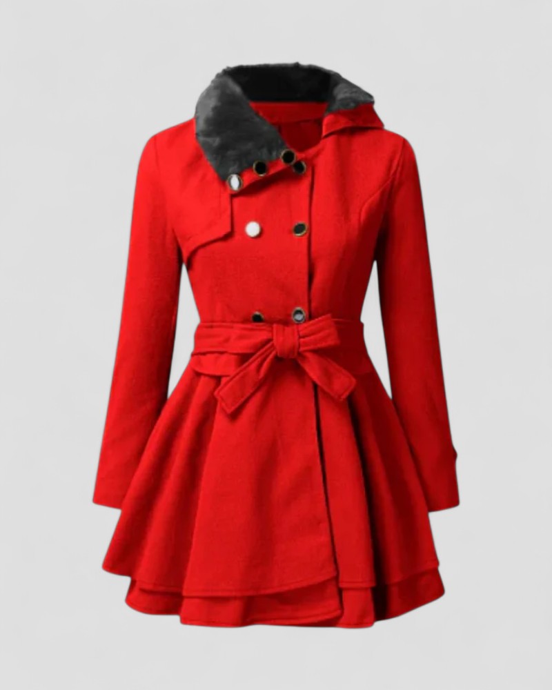 Karola | Damen Zweireihiger Wintermantel mit Gürtel & Kunstfellkragen | Stilvoller Eleganz-Mantel für kalte Tage
